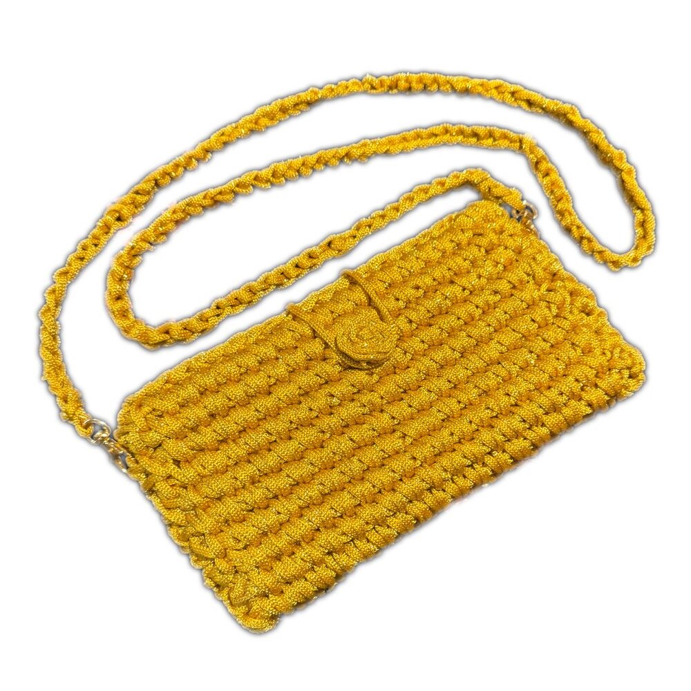 Handcrafted Yellow Gold Crochet Macrame Clutch convertible Shoulder Bag